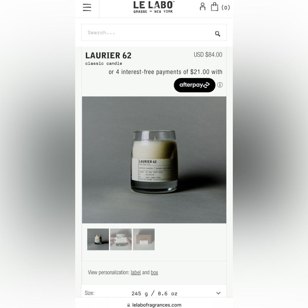 LE LABO LAURIER 62 CLASSIC CANDLE 8.6 OZ. (BRAND NEW)